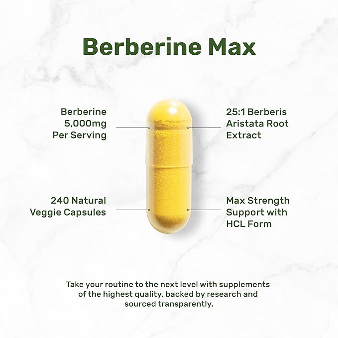 DEAL SUPPLEMENT Berberine Max Supplement with Turmeric, 5,000mg Per Serving, 240 Veggie Capsules – 97% Pure Berberine HCL – 25:1 Root Extract – Vegetarian Friendly, Non-GMO