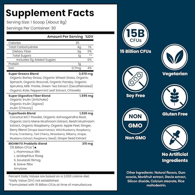 BIOHM Super Greens, Green Superfood Powder Antioxidant Veggie Powder and Smoothie Mix with Digestive Enzymes, Spirulina, 34 Superfood with Prebiotics and Probiotics, Mixed Berry Flavor (30 Servings)