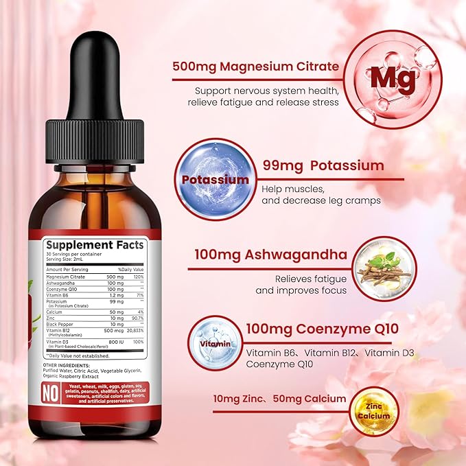 Potassium Magnesium Citrate Supplement, Liquid Magnesium Citrate Drops 500mg with Ashwagandha, Calcium, Zinc, Vitamin D3, B6, B12, CoQ10 - Vegan 2 fl oz Raspberry Flavor