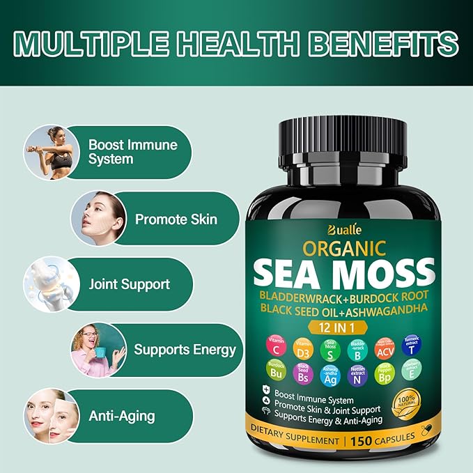 Organic Sea Moss Capsules with Sea Moss,Black Seed Oil,Ashwagandha,Bladderwrack,Ginger,Burdock Root for Immune System,Skin,Energy Support-150 Capsules (1 Pack)