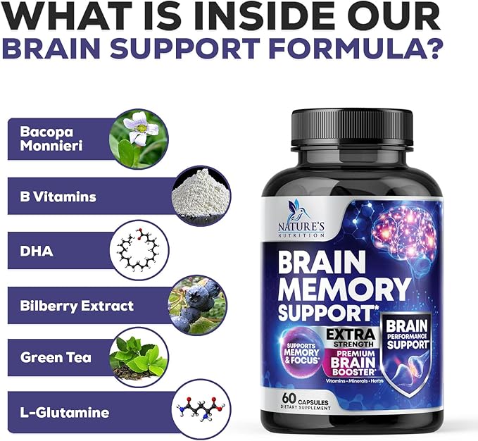 Brain Supplements for Memory and Focus - 40 Nootropics & Vitamins to Support for Alertness, Clarity & Concentration, Brain Health, B6, B12, Phosphatidylserine - 60 Capsules