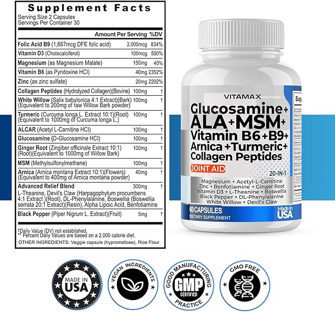 Glucosamine MSM Turmeric ALCAR Boswellia ALA 60ct