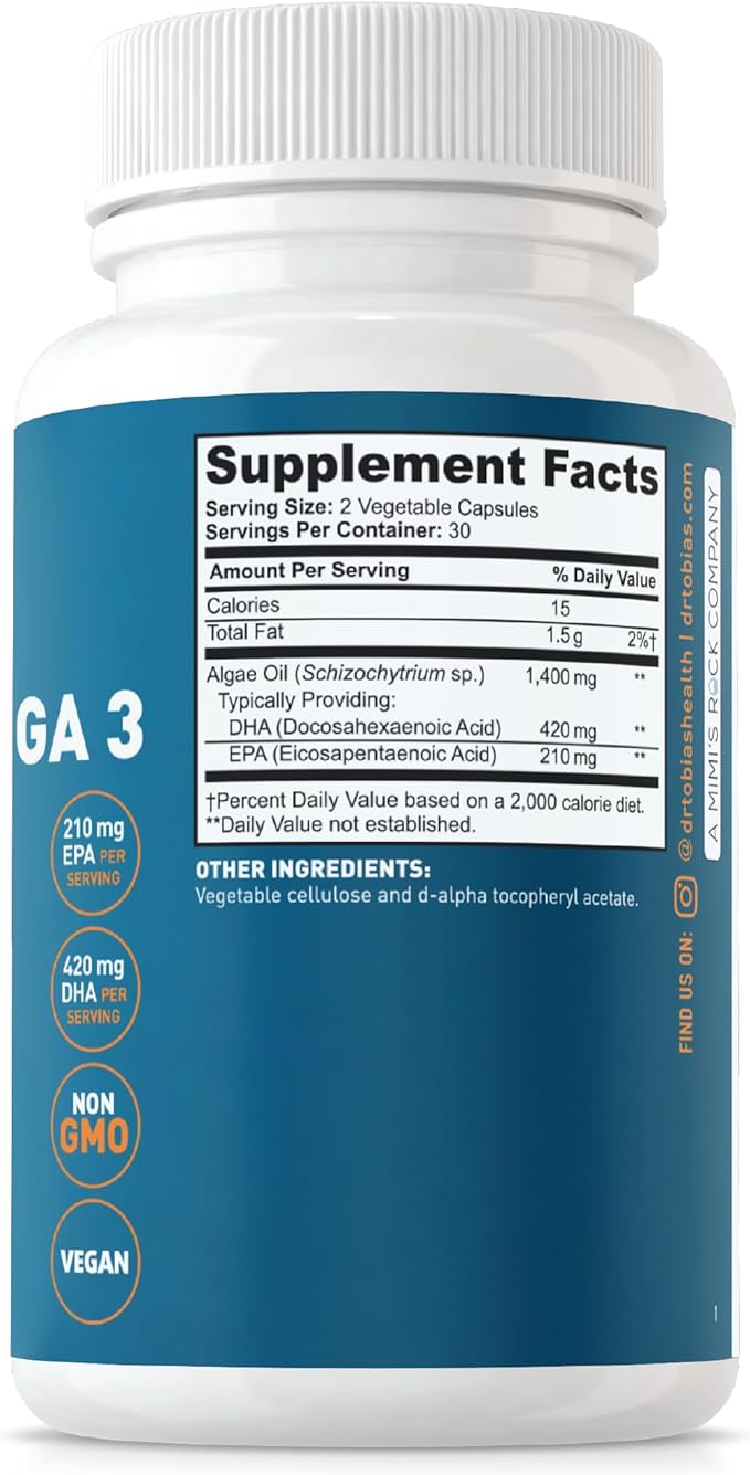 Dr. Tobias Vegan Omega 3 Supplement 1400mg Algae 420mg DHA, 210mg EPA 60 Capsules, 30 Servings