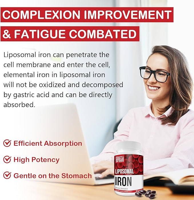 Liposomal Fe Iron Supplement for Women,65 mg Iron Supplements with Folic Acid & Vitamin B12 for Men,Red Blood Cell Production,Energy Support for Adults Iron Deficiency 60 Softgels(2 Bottle)