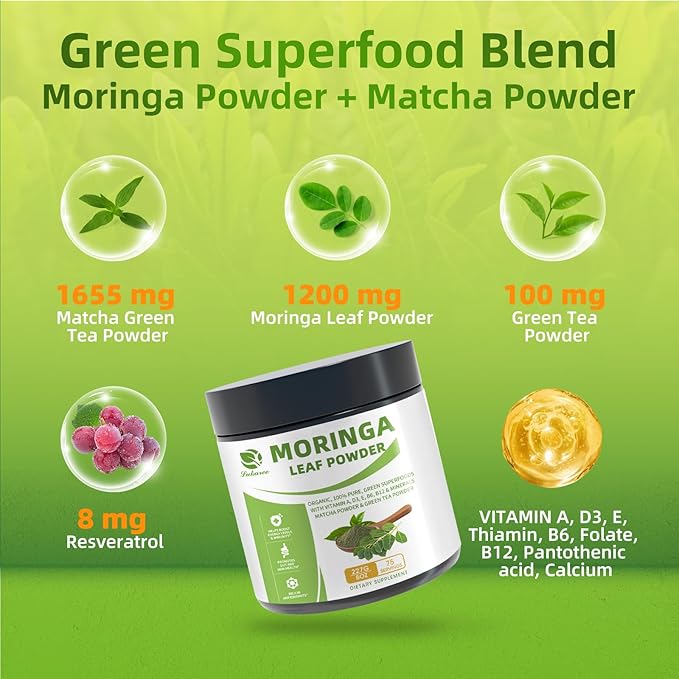 Organic Moringa Powder, Green Superfoods with Matcha Powder Green Tea Powder Resveratrol - Rich in Antioxidants and Vitamin A D3 E B6 B12, Digestive and Immune Support - Non-GMO, Vegan, 8 oz, 2 Pack