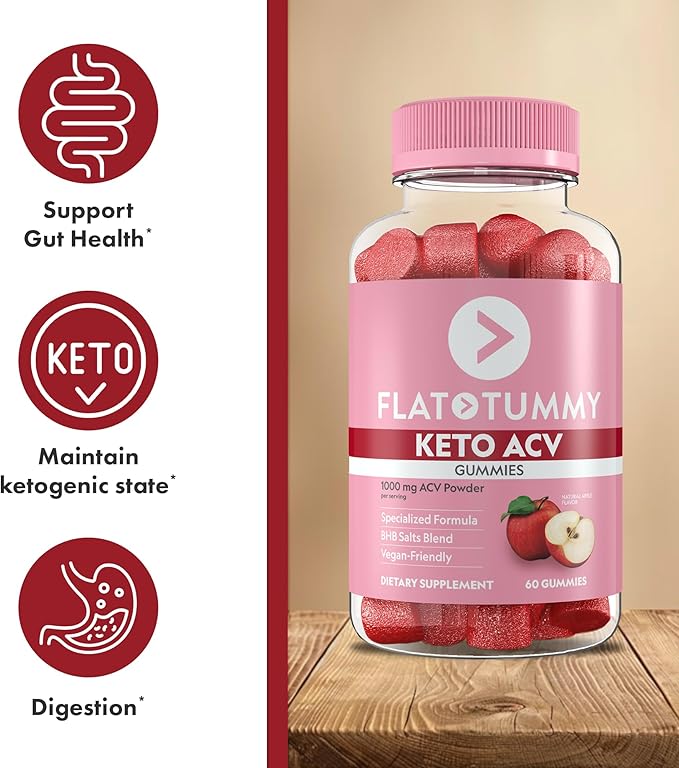 Flat Tummy Keto ACV Gummies, 60 Count – Specialized Formula, Post GLP-1 Keto Supplement, Vegan-Friendly, Non-GMO - Apple Cider Vinegar Gummies, BHB Salts, Beet and Pomegranate Superfood Powders
