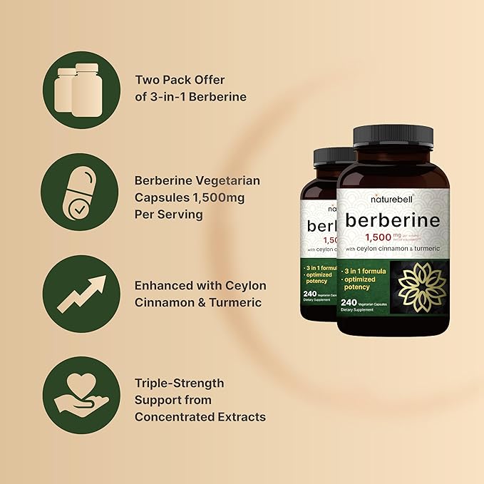 2 Pack Berberine Supplement 1500mg, 480 1000mg True 300mg Turmeric 97% Berberine
