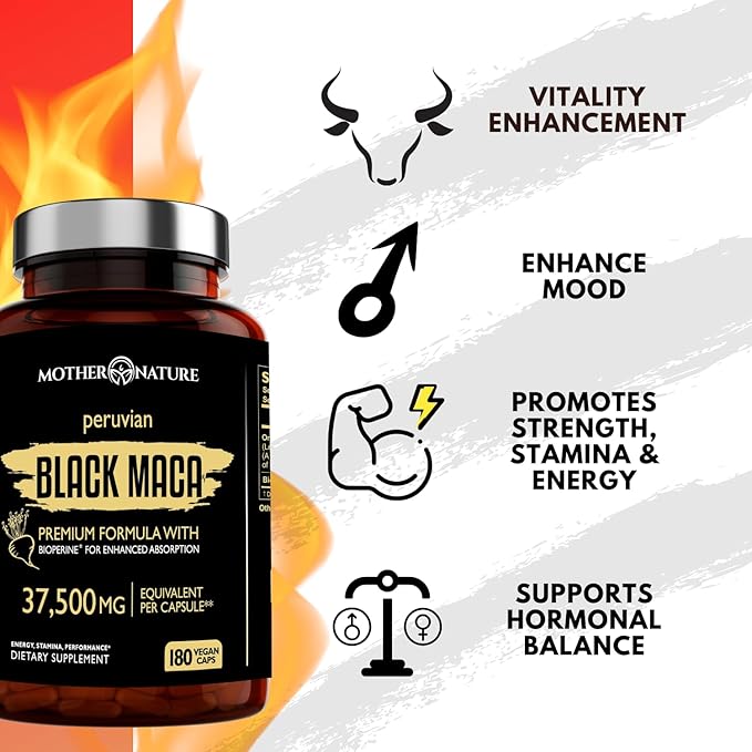 Organic Black Maca Root Extract Highest 50:1, 37,500mg, 37,500mg, 6 6 Month