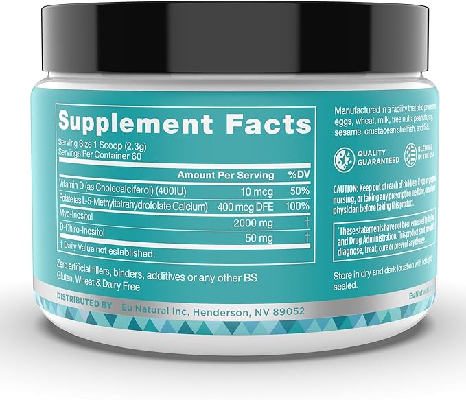 Eu Natural Regulate MAX Myo-Inositol & D-Chiro Inositol Supplement Powder for Women with Vitamin D & Folate PCOS Nutritional Support, Hormone Balance & Fertility Support, Unflavored 60 Servings
