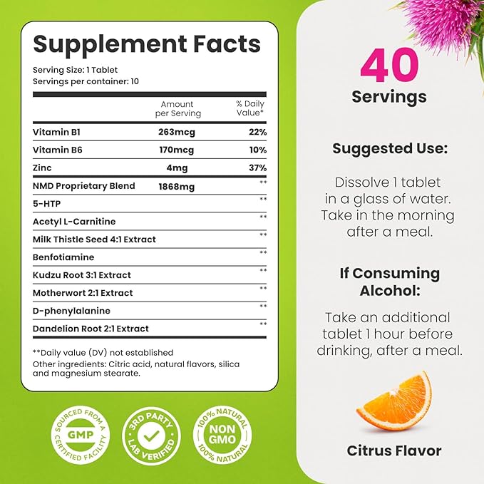 NoMoreDrinks Anti Alcohol Craving Supplement | Liver Detox & Combat Cravings | Energy Support Alcohol Replacement Drink | Organic Milk Thistle Supplement & Dandelion Root & 5HTP | (40) Energy Pills
