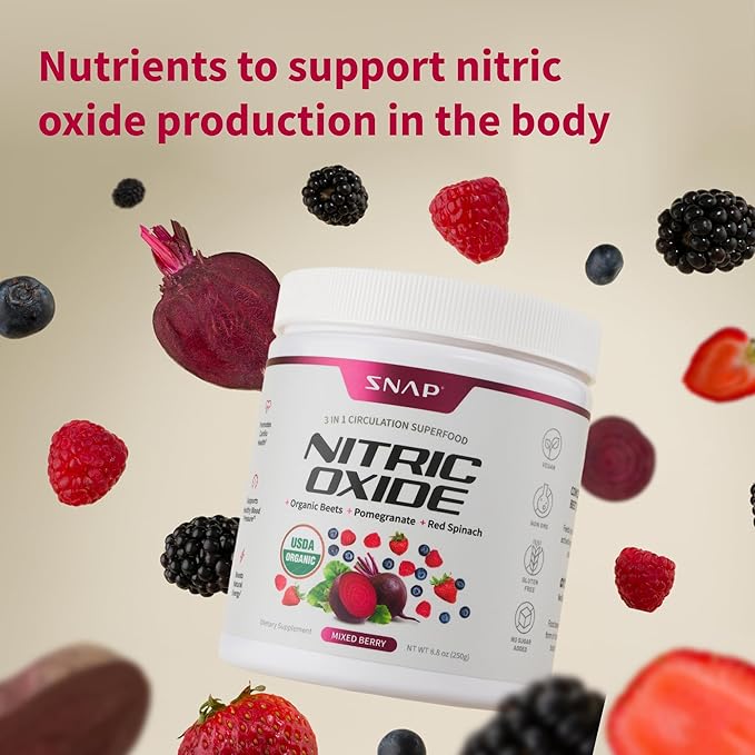 Snap Supplements Organic Beet Root Powder, Nitric Oxide Superfood Supplement with Beets, B Vitamins, Pomegranate & Red Spinach for Energy, Heart Health & Circulation Support, 30 Servings, Mixed Berry