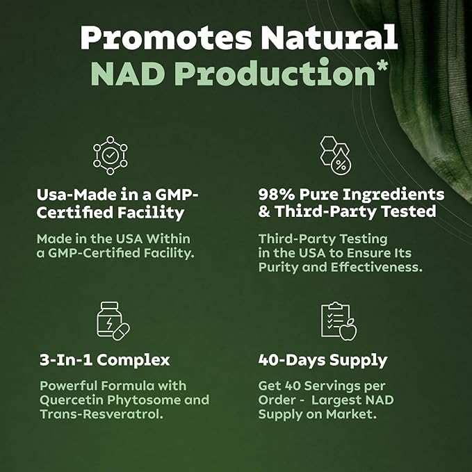 NMN Supplement Alternative - Liposomal NAD w/Resveratrol - High Purity NAD Supplement for Anti-Aging, Energy, Focus - 80 Capsules, Green