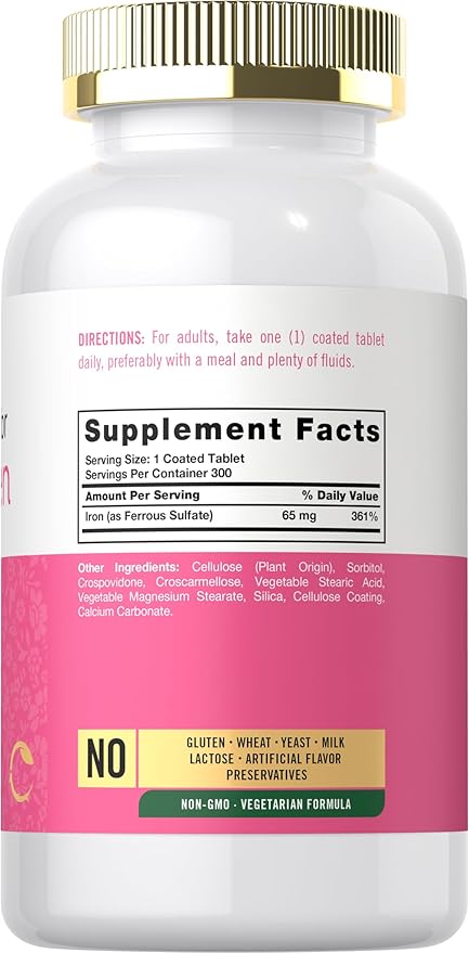 Carlyle Iron for Women 65mg | 300 Coated Tablets | Vegetarian, Non-GMO & Gluten Free Supplement