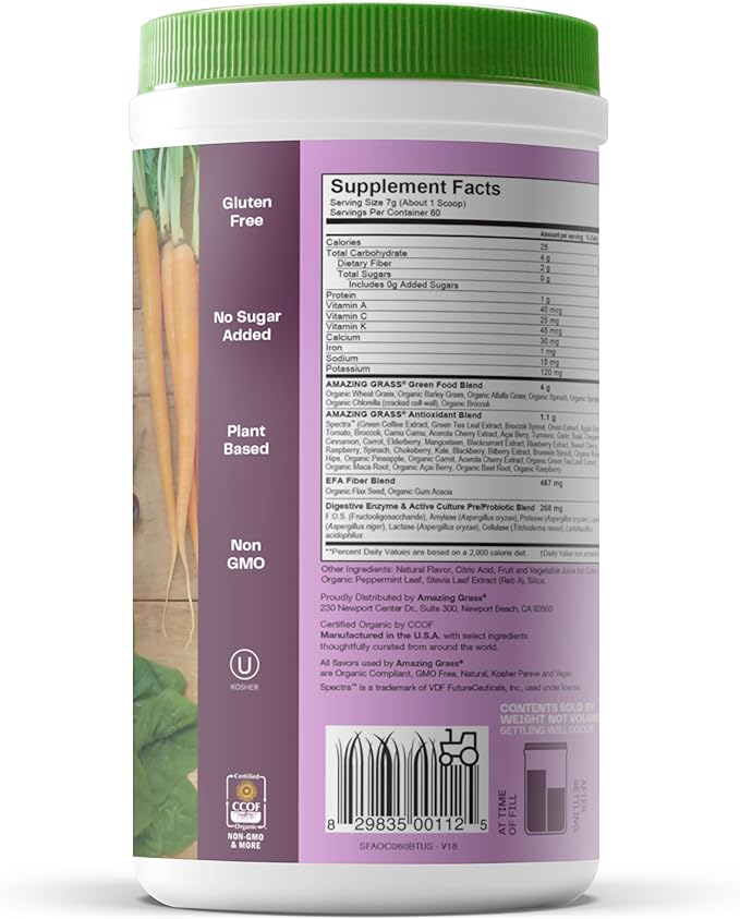 Amazing Grass Greens Superfood Antioxidant: Greens Powder with Organic Spirulina, Beet Root Powder, Elderberry & Probiotics, Sweet Berry, 60 Servings (Packaging May Vary)