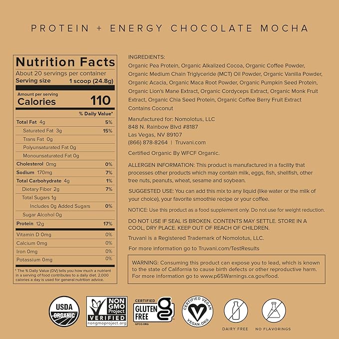 Truvani Protein + Energy Drink Mix 87mg Caffeine 12g Protein 20 Servings