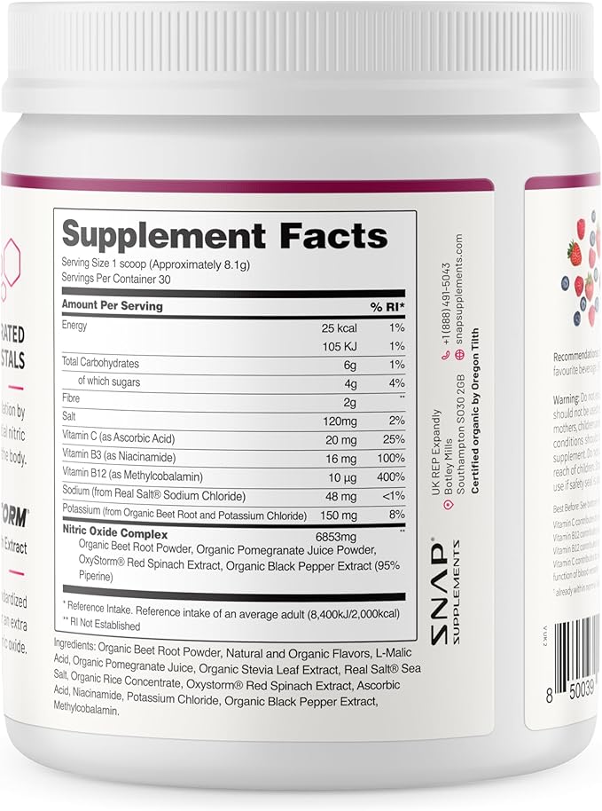 Snap Supplements Organic Beet Root Powder, Nitric Oxide Superfood Supplement with Beets, B Vitamins, Pomegranate & Red Spinach for Energy, Heart Health & Circulation Support, 30 Servings, Mixed Berry