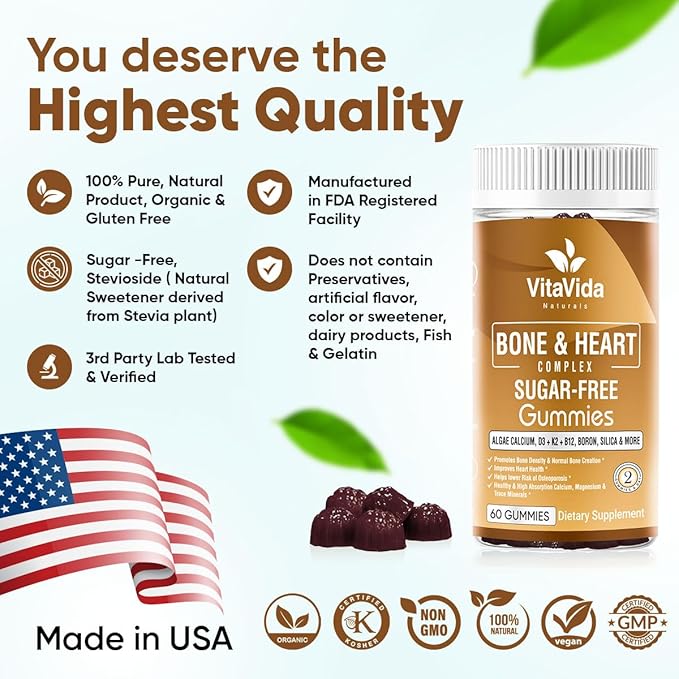 Vegan Calcium Gummies K2 Vitamin Supplement MK-7 & D3, Magnesium 13 Trace B12 - 60 ct.