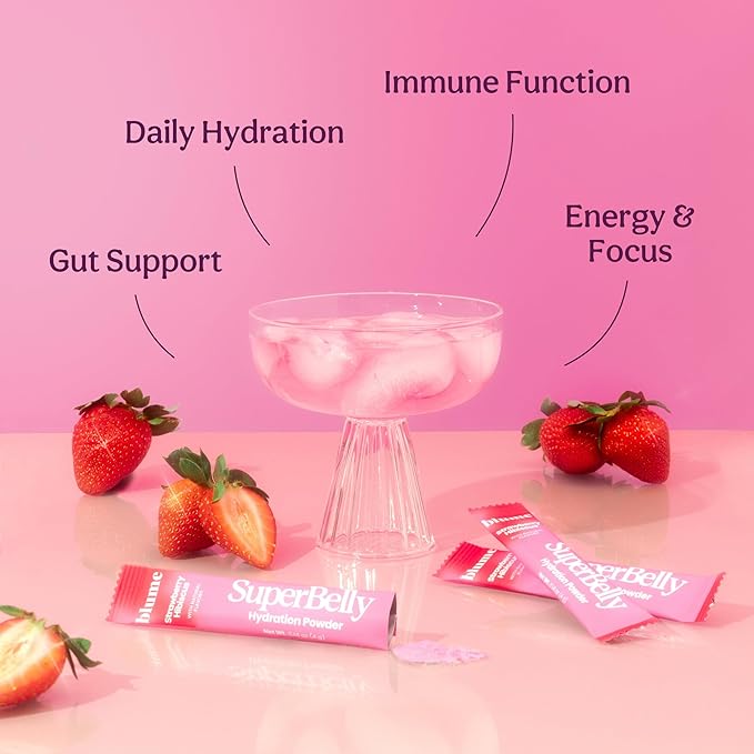 Blume New SuperBelly Gut Health and On-The-Go Hydration Packets, Sugar-Free, with Prebiotics, Probiotics, Apple Cider Vinegar, Vitamin C, and Electrolytes, Strawberry Hibiscus, 15 Sticks