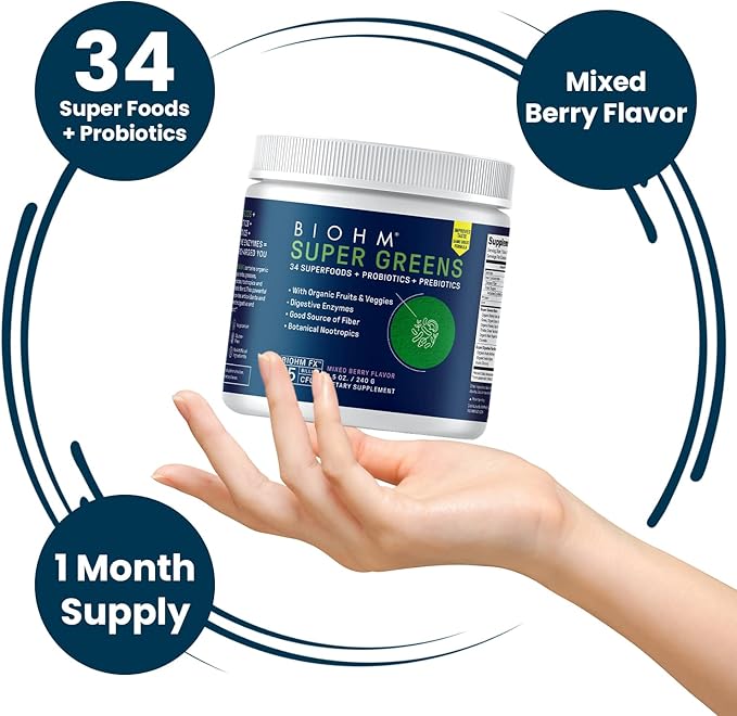 BIOHM Super Greens, Green Superfood Powder Antioxidant Veggie Powder and Smoothie Mix with Digestive Enzymes, Spirulina, 34 Superfood with Prebiotics and Probiotics, Mixed Berry Flavor (30 Servings)