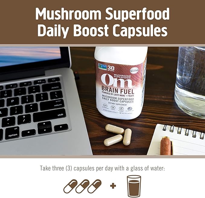 OM MUSHROOM SUPERFOOD Brain Fuel Mushroom Powder Capsules Superfood Supplement, 90 Count, 30 Days, Lion's Mane, Reishi Blend Plus Folate, Mental Clarity, Mushroom Supplement