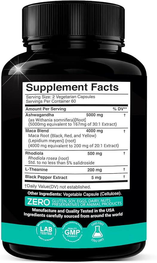 Ashwagandha 5,000mg + Maca Root Black, 4,000mg, Rhodiola 30:1 Extract 20:1 Extract