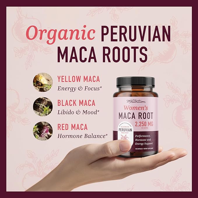 Organic Maca Root Capsules for Women | Peruvian Maca 2250MG Extra Strength | Red, Black & Yellow Root Powder with Black Pepper | Herbal Supplement to Support Energy & Hormone Balance | 120 Ct
