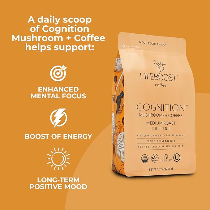 Lifeboost Cognition Adaptogenic Mushroom Coffee - Lions Mane & Chaga Nootropic Coffee - Great Tasting Medium Organic Coffee - Increase Energy, Boost Focus & Immune Support - 12 oz Bag - Ground
