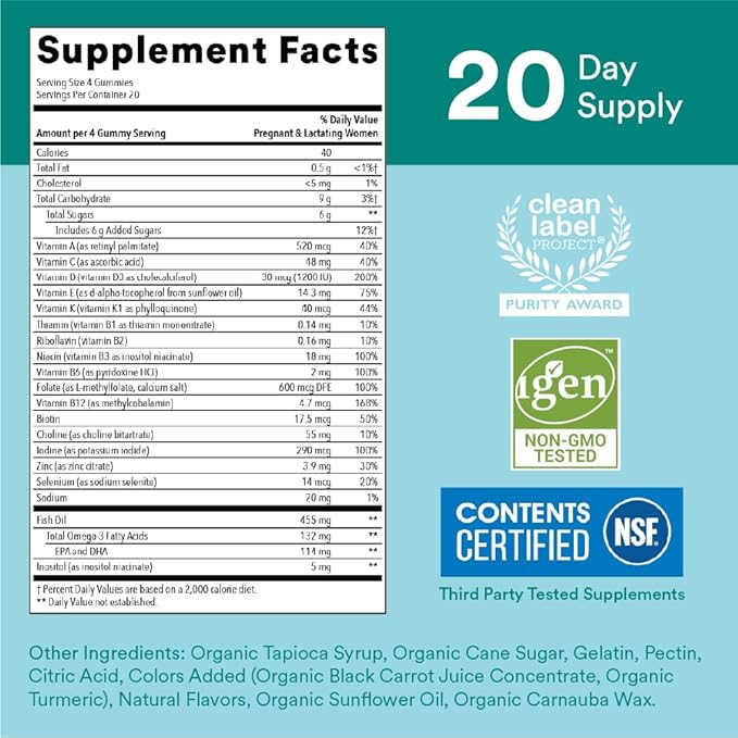 SmartyPants Prenatal Vitamins for Women, Multivitamin 3 Fish D3, C, B12, B6, B6, Vitamin 80 Count (20 Day