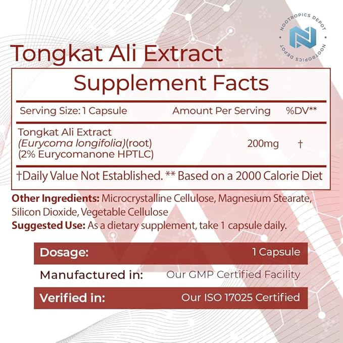 Nootropics Depot Tongkat Ali Extract Capsules 200mg | 120 Count 2% Eurycomanone