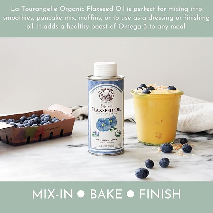 La Tourangelle, Organic Flaxseed Oil, Essential Omega-3 to Improve Heart Health, Vegan, Non-GMO, Gluten-Free, Kosher, Cast Iron Seasoning, 8.45 fl oz