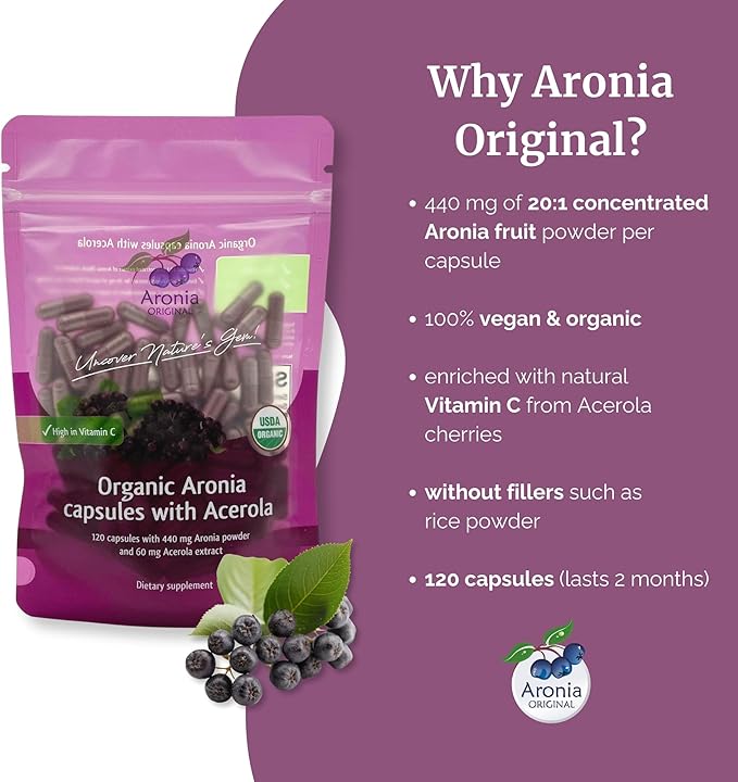Aronia Original Organic Aronia Berry Capsules (120 Count) 440 mg 20:1 Aronia 60 mg
