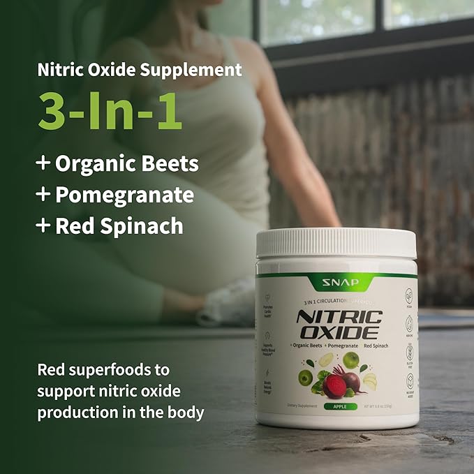 Snap Supplements Organic Beet Root Powder, Nitric Oxide Superfood Supplement with Beets, B Vitamins, Pomegranate & Red Spinach for Energy, Heart Health & Circulation Support, 30 Servings, Apple
