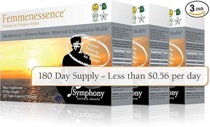 Femmenessence MacaHarmony – Scientifically Proven to Support Hormone Balance for Women, Regular Menstrual Cycle, PMS, Acne, Healthy Skin, Fertility, 360 Natural Organic Maca Capsules, 180-day Supply