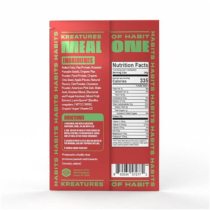 Kreatures of Habit Meal One | Overnight & Instant Superfood Protein Meal Replacement | Gluten Free, Dairy Free, 30g of Plant Based Protein, With No Added Sugar | Apple Cinnamon | Pack of 7