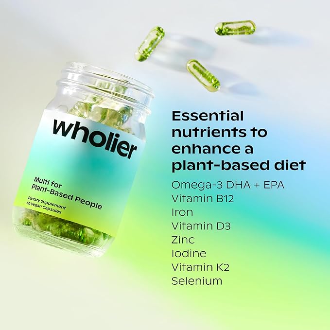 wholier Plant Based Multivitamin Vegan Omega-3 B12, Zinc, K2, Iron, 60 Count (30-Day Supply)