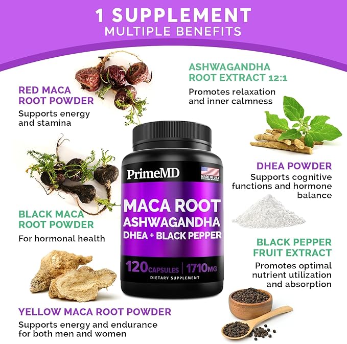 6-in-1 Organic Maca Root & Ashwagandha 1710mg w/DHEA Supplement,120 Capsules (40 Servings)