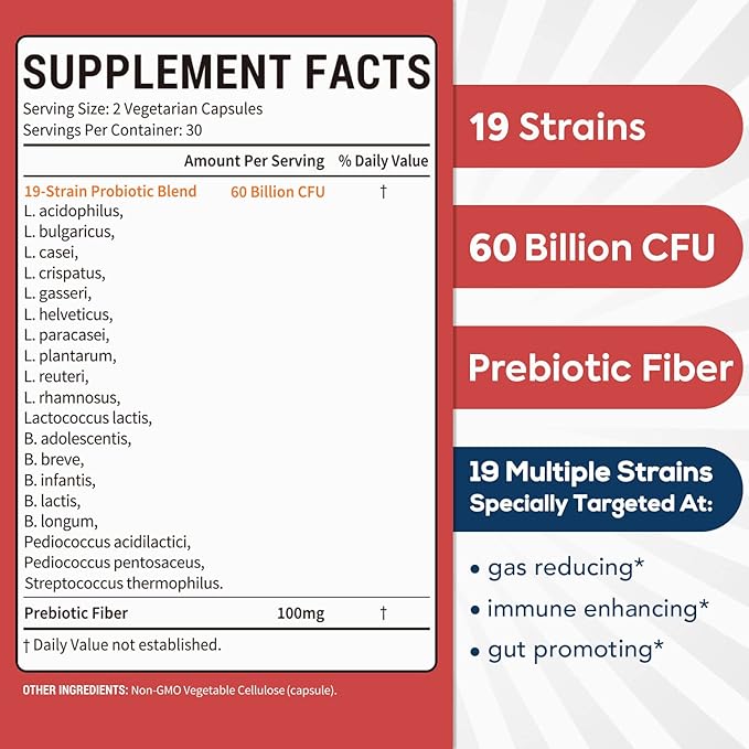 Probiotics 60 Billion CFU 19 Strains 100mg Prebiotic, 2-in-1 Daily 60 Veggie