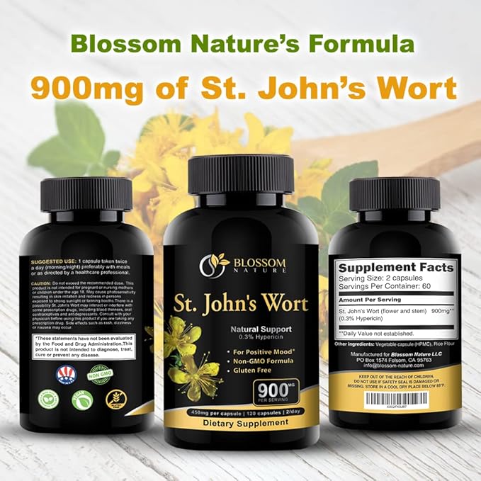 St Johns Wort 900mg-Mood Support Supplement*-Calm Supplements*-120 Vegetable Capsules(2 Month Supply),450mg of Perforatum),0.3%Hypericin per