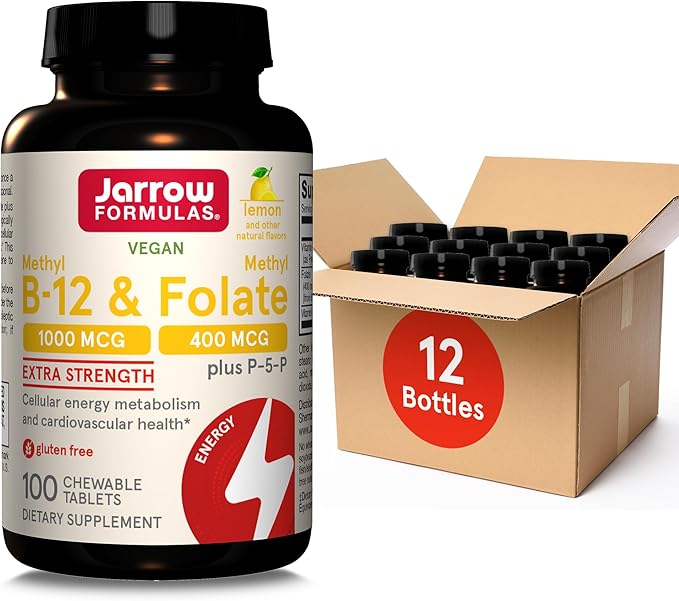 Jarrow Formulas Extra Strength Methyl B-12 1000mcg & 400 mcg P-5-P, Supplement Support,100 Chewable Tablets,100 Day 12 Packs
