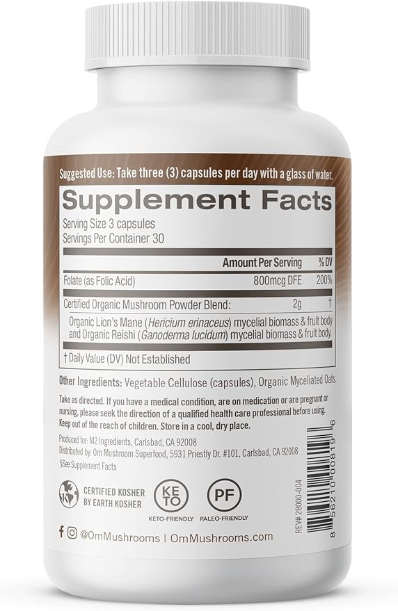 OM MUSHROOM SUPERFOOD Brain Fuel Mushroom Powder Capsules Superfood Supplement, 90 Count, 30 Days, Lion's Mane, Reishi Blend Plus Folate, Mental Clarity, Mushroom Supplement