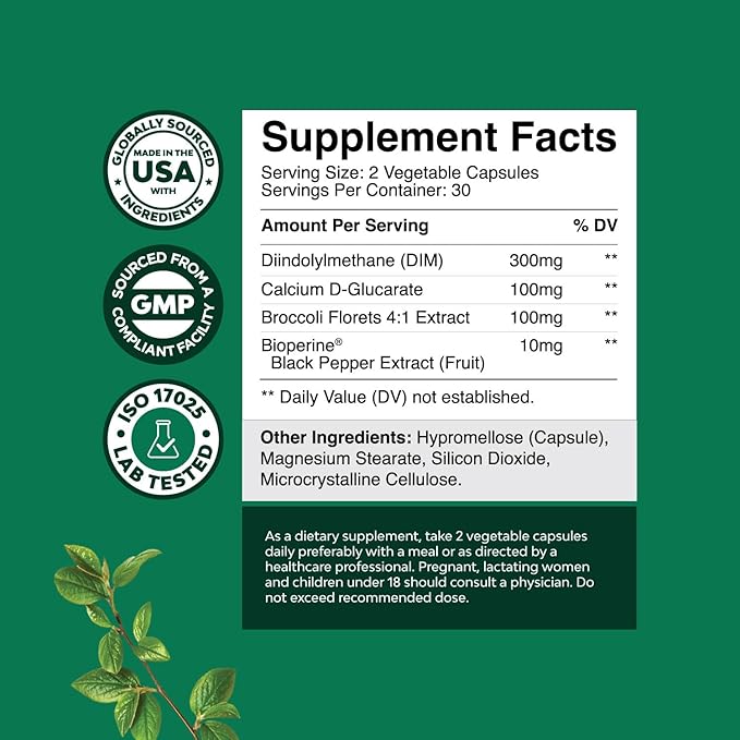 Pure DIM Supplement for Men with Bioperine - DIM Estrogen Blocker for Men for Hormone Balance & Prostate Health - Diindolylmethane Testosterone Complex with Broccoli Florets - 60 Capsules