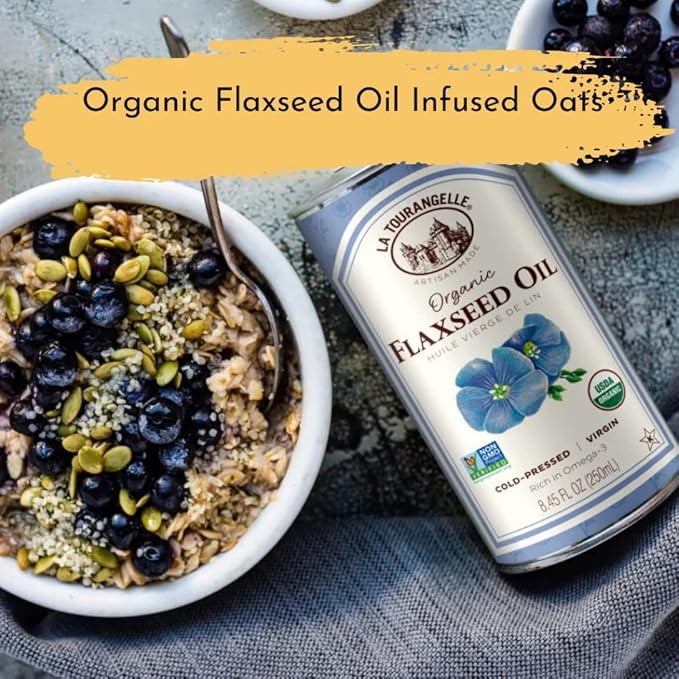 La Tourangelle, Organic Flaxseed Oil, Essential Omega-3 to Improve Heart Health, Vegan, Non-GMO, Gluten-Free, Kosher, Cast Iron Seasoning, 8.45 fl oz