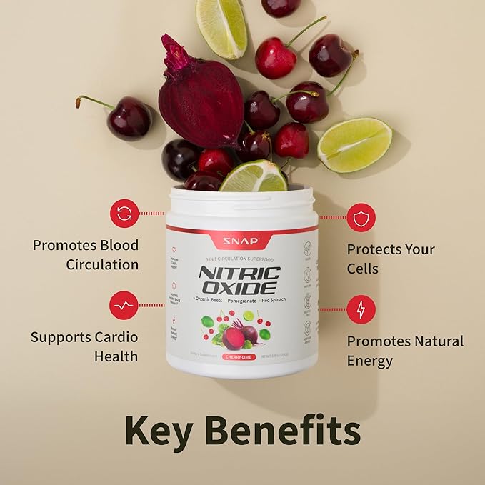 Snap Supplements Organic Beet Root Powder, Nitric Oxide Superfood Supplement with Beets, B Vitamins, Pomegranate & Red Spinach for Energy, Heart Health & Circulation Support, 30 Servings, Cherry Lime