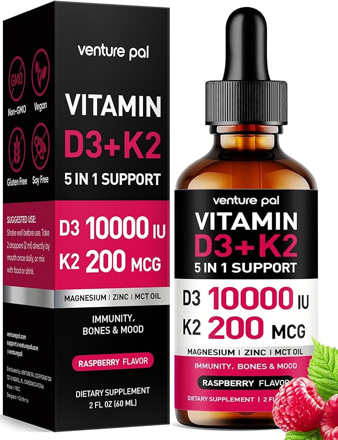 Venture Pal Vitamin D3 10000 iu Plus K2 (MK-7) 200 mcg Liquid Drops, Magnesium & Zinc MCT Oil | for Bone, Mood & Immune Health | High Absorption VIT K2 D3 Vitamin Supplement(Raspberry, 2 Fl Oz)