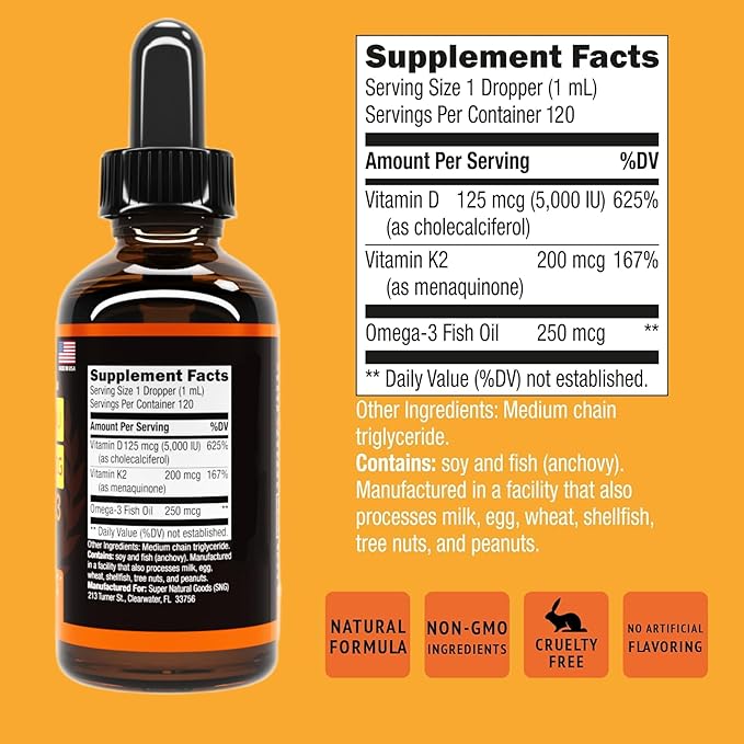 Vitamin D3 K2 Liquid Drops 5000 IU (4oz) Maximum Strength Vitamin D, K, MCT Oil & Omega 3 Bone, Heart, Joint, Muscle Support Supplement. Fast Absorption Formula. 4 in 1 Complex Formula Non-GMO