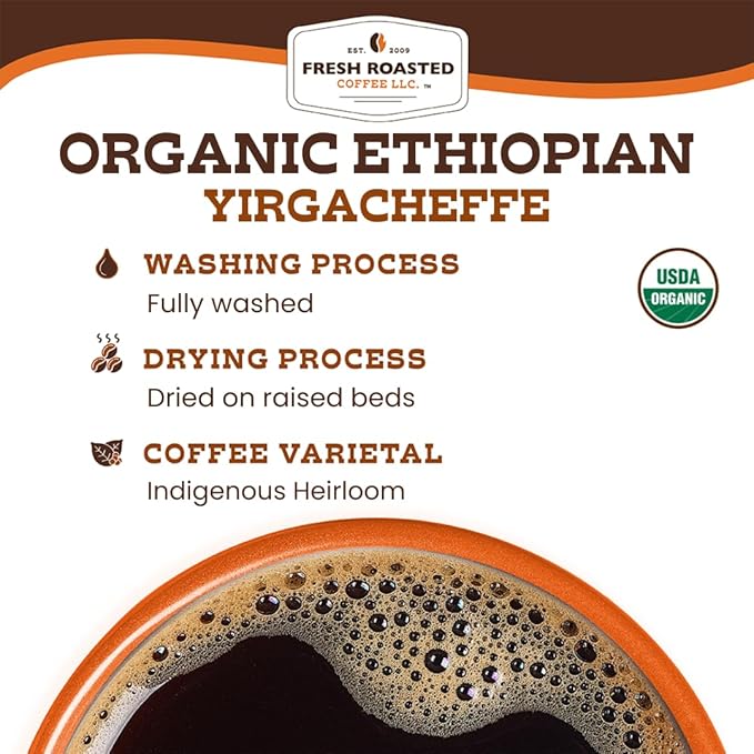 Fresh Roasted Coffee, Fair Trade Organic Ethiopian Yirgacheffe, 5 lb (80 oz), Medium Roast, Mold & Mycotoxin Tested Kosher, Whole Bean