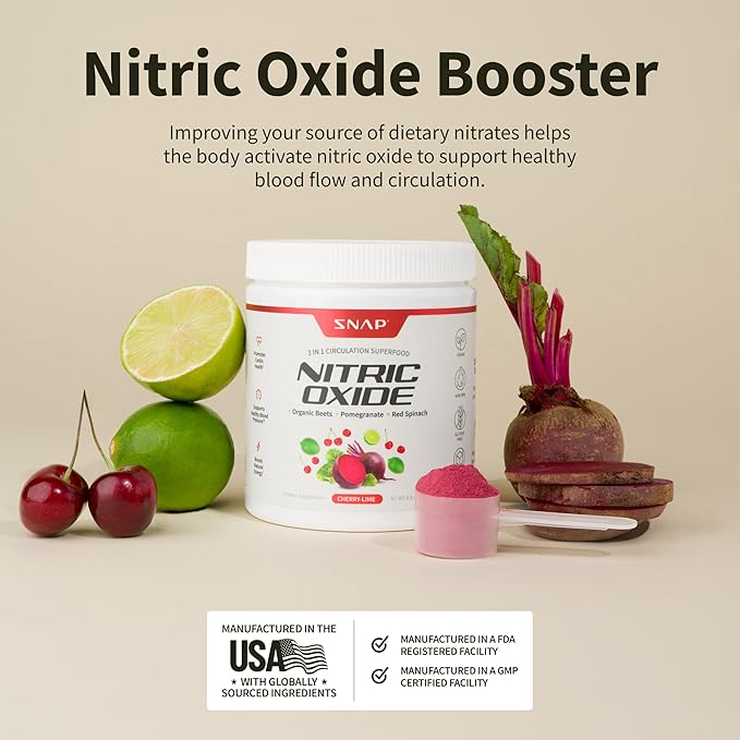 Snap Supplements Organic Beet Root Powder, Nitric Oxide Superfood Supplement with Beets, B Vitamins, Pomegranate & Red Spinach for Energy, Heart Health & Circulation Support, 30 Servings, Cherry Lime