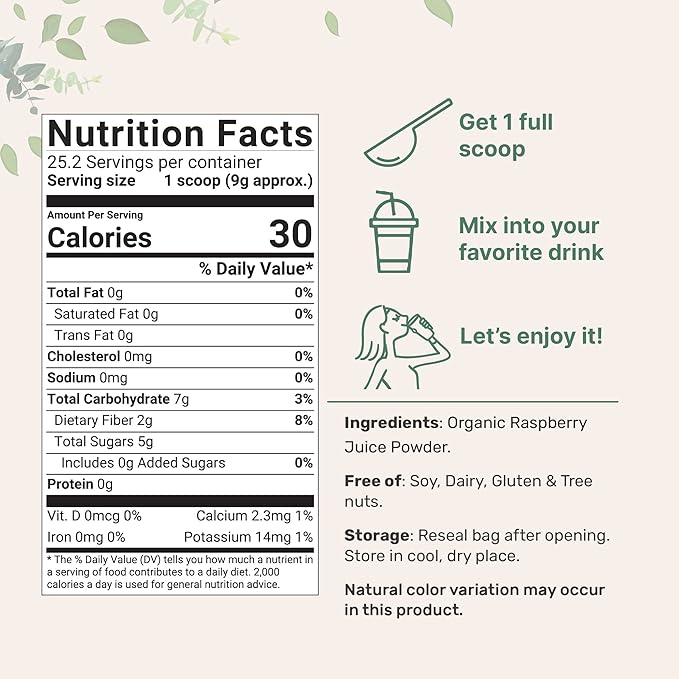 Organic Raspberry Juice powder, 8oz 100% Natural