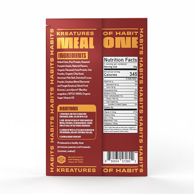 Kreatures of Habit Meal One | Overnight & Instant Superfood Protein Meal Replacement | Gluten Free, Dairy Free, 30g of Plant Based Protein, With No Added Sugar | Maple Caramel | Pack of 7