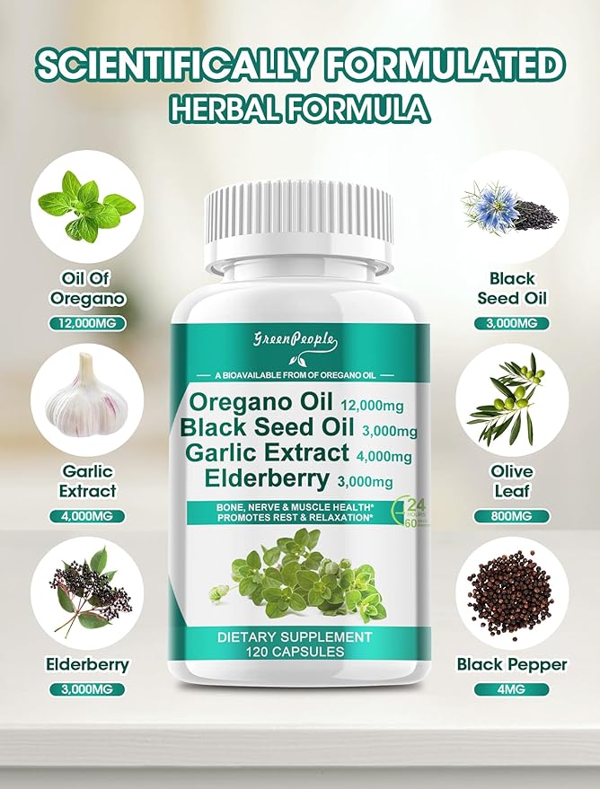 Oregano Oil 12,000mg Black Seed Oil 3,000mg Garlic 4,000mg Elderberry 3,000mg - D3 & 120 Capsules丨Vegan